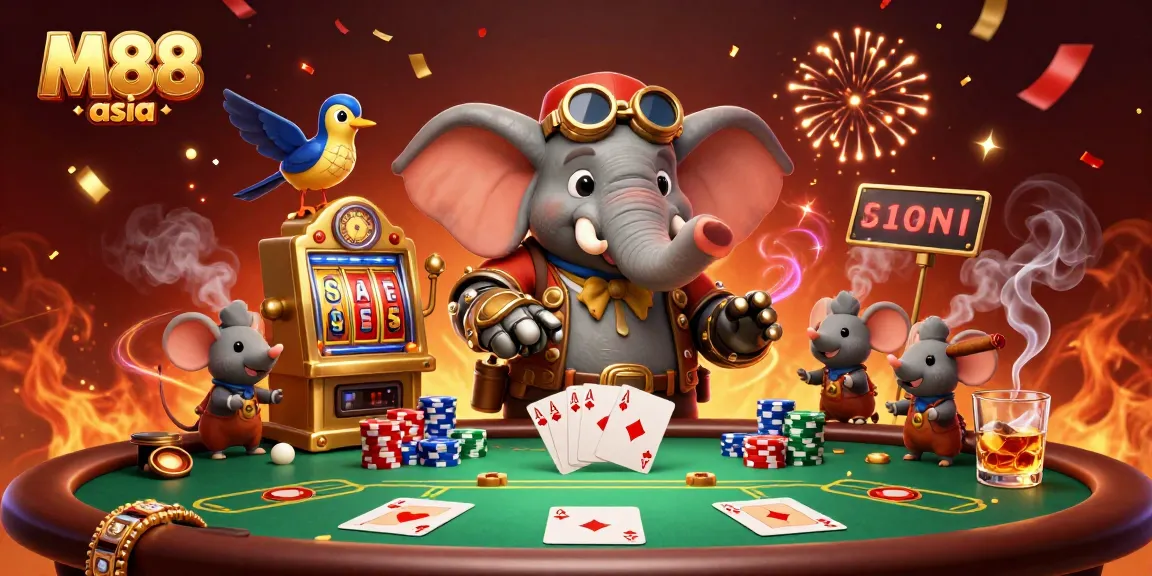 M88 asia - Engage in thrilling casino action as a steampunk elephant operates a vibrant slot machine with poker elements.