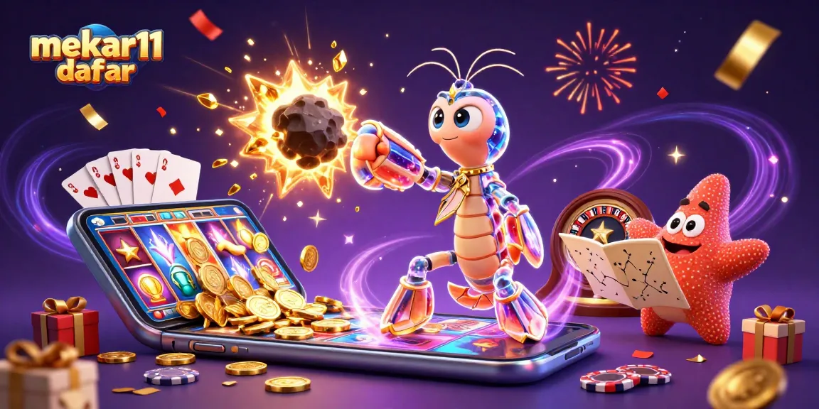 Mekar11 daftar gamifies cleaning services by featuring a vibrant casino battle scene with a celestial shrimp and winnings.