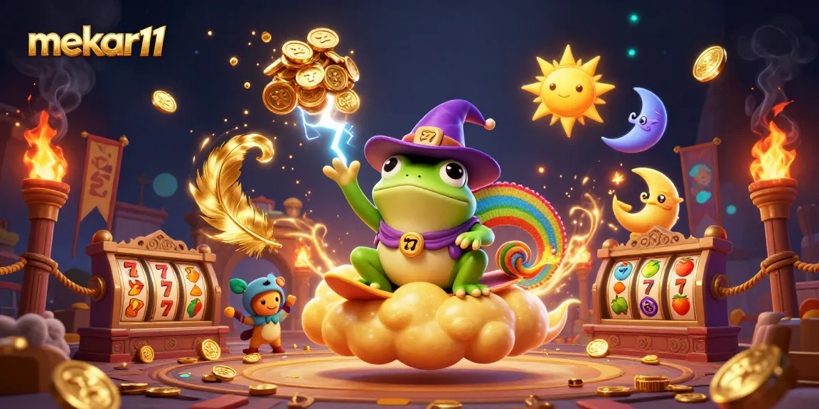 Mekar11 showcases a vibrant 3D scene of a wizard frog and chameleon in a dynamic casino setting.