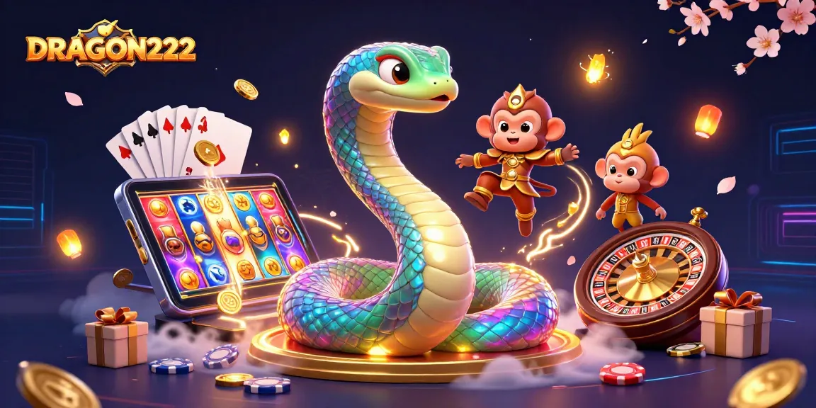 Engage with DRAGON222's vibrant slot gaming scene featuring a rainbow serpent and playful characters.