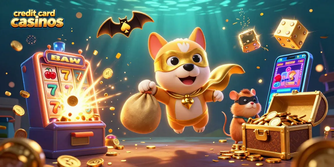 Engaging scene of a superhero dog representing credit card casinos, with dynamic casino elements around.