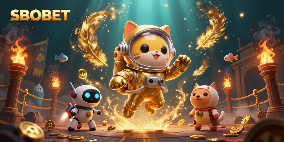 SBOBET bets with a cartoon cat in space, showcasing dynamic gaming and colorful effects.