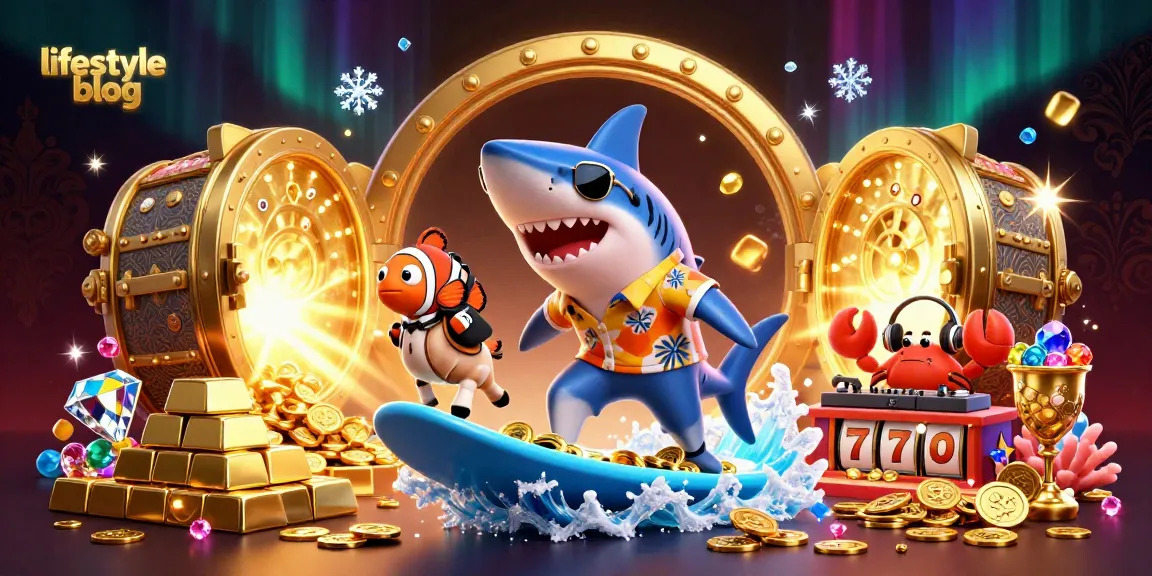 Engage with our vibrant lifestyle blog featuring 3D shark surfing and casino symbols in a festive scene.