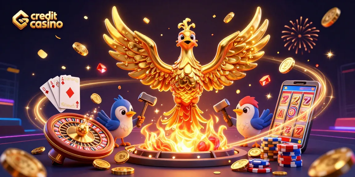 Experience the thrill of a credit card casino with a dynamic 3D fantasy scene and vibrant casino elements.