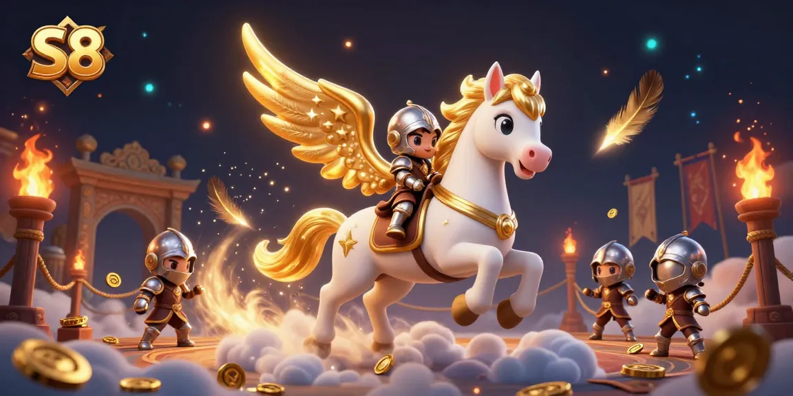 S8 showcases thrilling gameplay and excitement with a golden winged horse and knight in a casino setting.