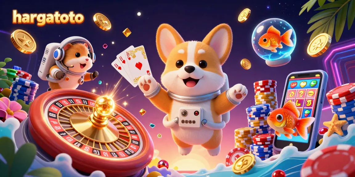 Experience fun adventures with hargatoto in a floating casino scene featuring an astronaut corgi and a poker-themed atmosphere.