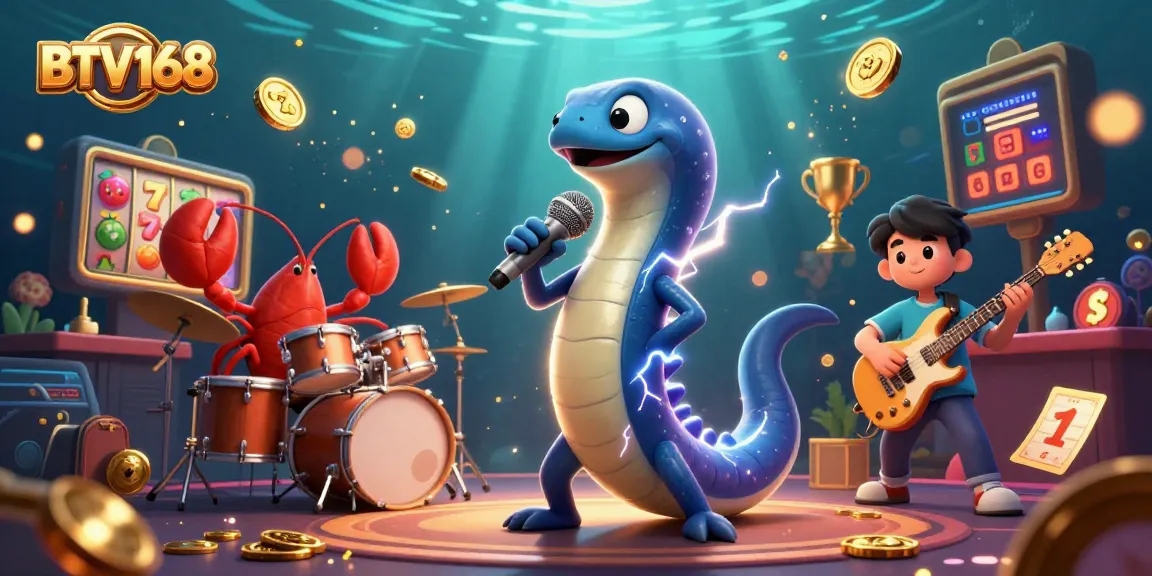 BTV168 features a vibrant underwater casino stage with an electric eel DJ, lobster drummer, and seahorse guitarist showcased in an energetic performance.