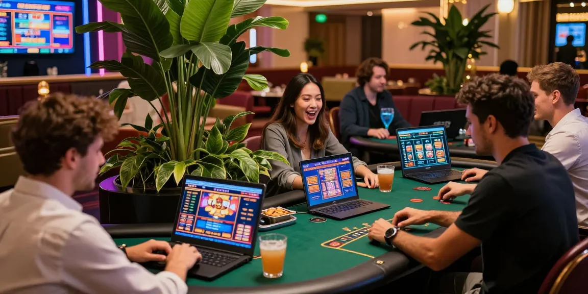 Players enjoying casino non UK games in a lively, upscale online gaming environment.