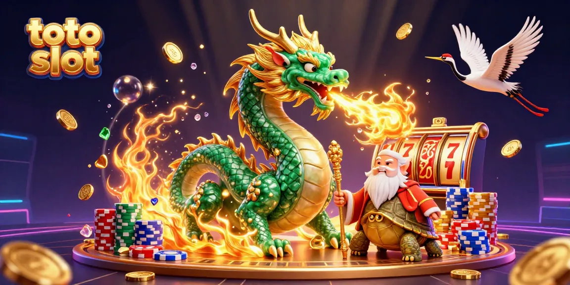 Engage with toto slot games in a vibrant scene featuring a majestic dragon, turtle sage, and lucky cranes.