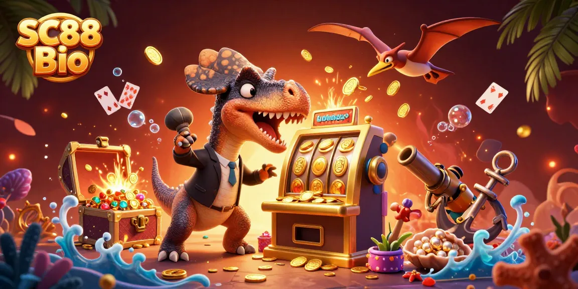 Experience the excitement of SC88 Bio with a dinosaur jackpot slot scene attracting golden coins.